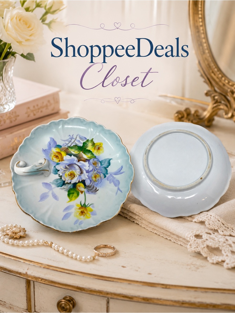 Vintage Floral Porcelain Ring Dish Trinket Plate Blue Yellow Roses Gold Trim